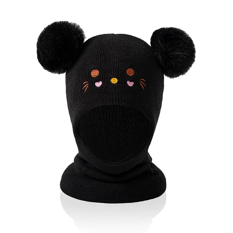 One-piece caps, scarves, and ear protectors for autumn and winter, and embroidered cat headscarves for boys and girls aged 1-6