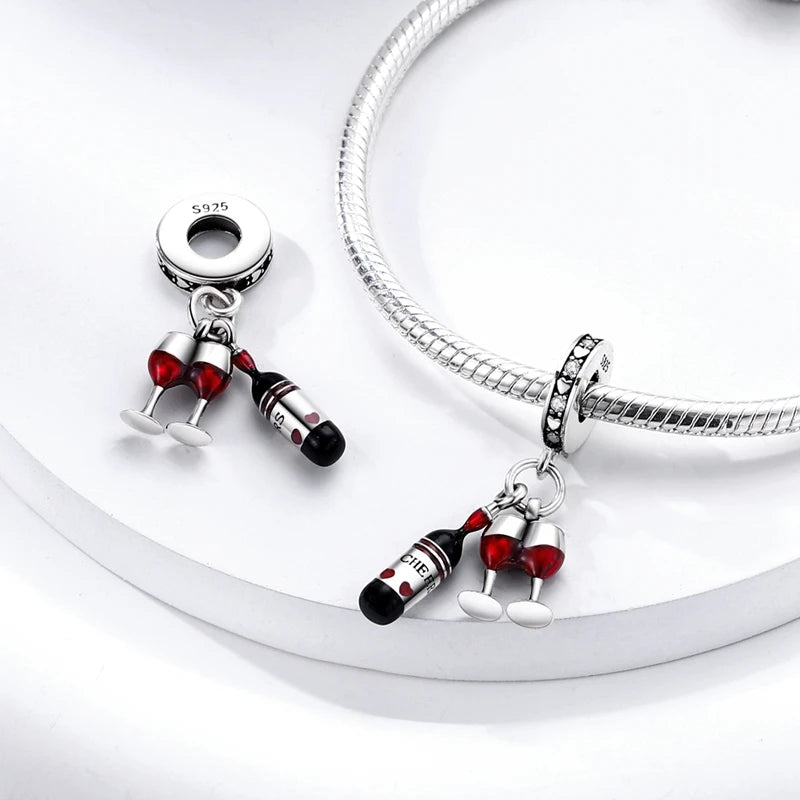 Dijes de plata de ley 925 originales, abalorios de cristal de vino, taza de café, dije colgante para pulseras de mujer, joyería DIY, regalo