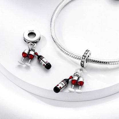 Dijes de plata de ley 925 originales, abalorios de cristal de vino, taza de café, dije colgante para pulseras de mujer, joyería DIY, regalo