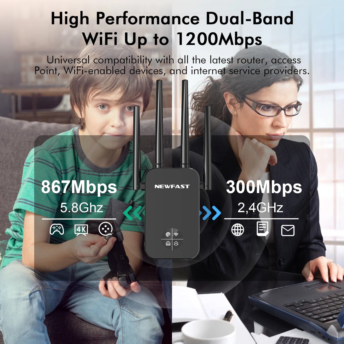 Newfast 1200Mbps WiFi Repeater Long Range OLED 5Ghz WiFi Signal Extenders Amplifier Signal Booster Antenna Repeater UK Plug