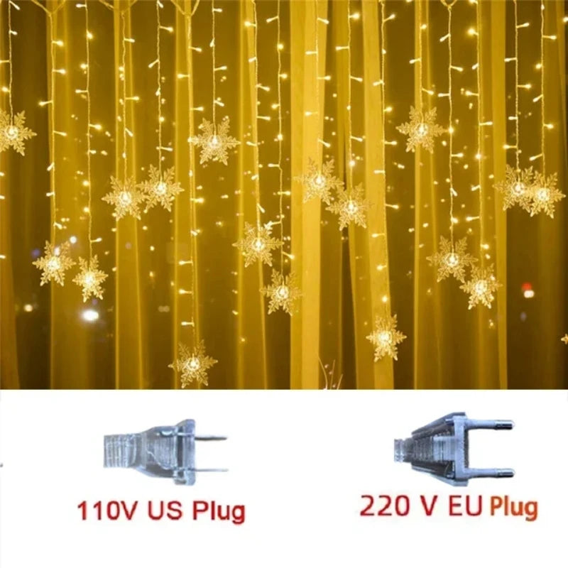 Christmas Snowflakes String Lights Flashing Fairy Curtain Garland Outdoor For Holiday Party New Year 2025 Decoration