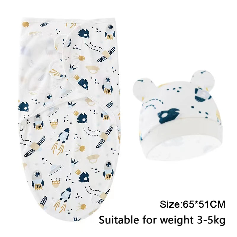 Baby Blanket Hat Set, Cartoon Printed Cotton Newborn Swaddle, Adjustable Infant Sleeping Swaddle Wraps, All Seasons, 0-6 Months