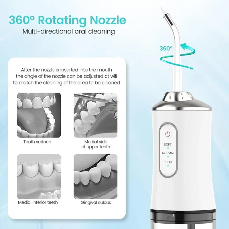 Oral Irrigator, Portable Dental Water Flosser, USB Rechargeable Water Jet Floss, Tooth Pick 4 Jet Tip 220ml 3 Modes