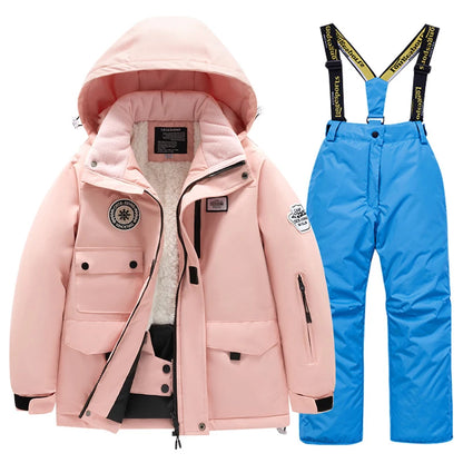 Winter children's skiing suit for boys and girls, windproof and waterproof thick coat for warmth and snow playing equipment