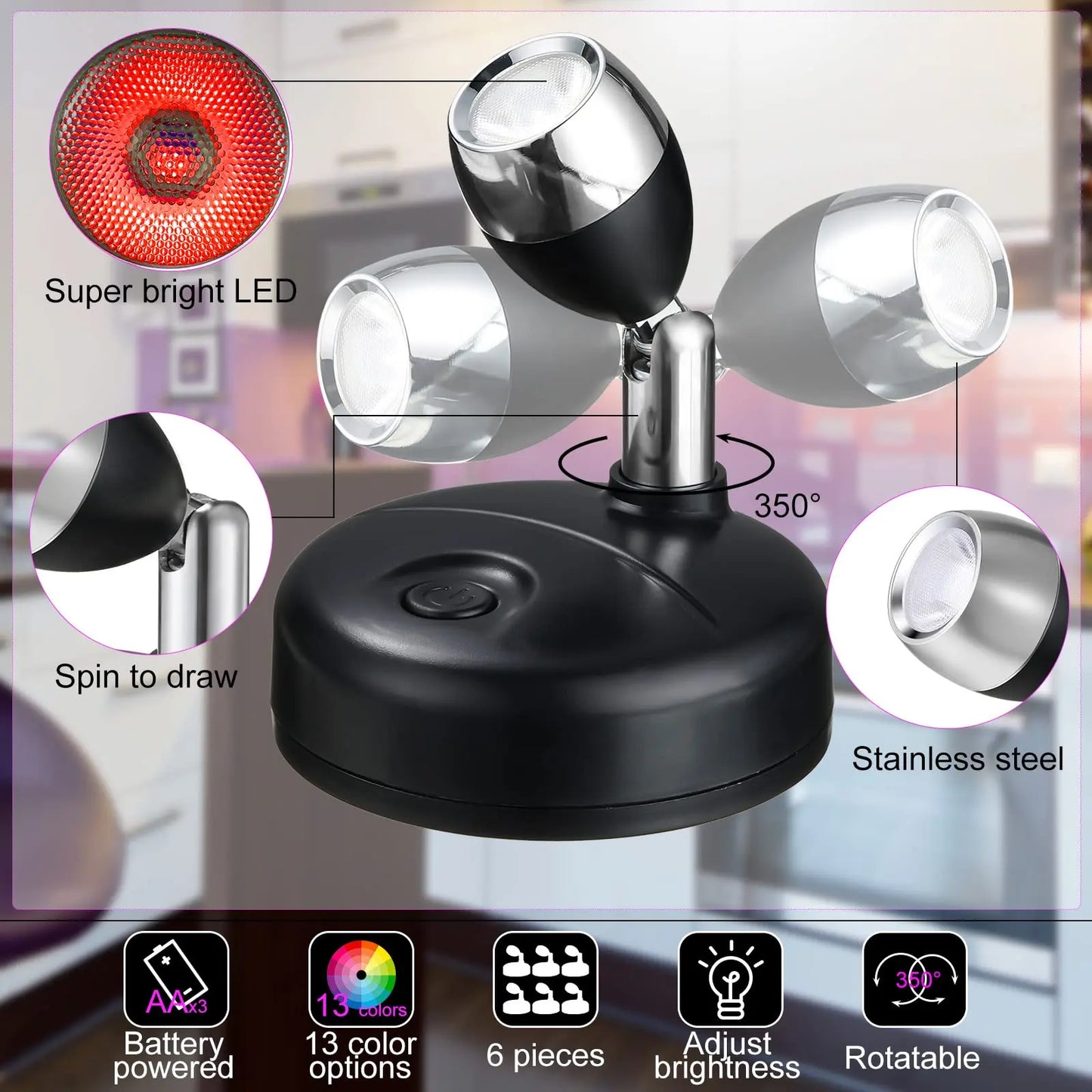 Battery Operated Spotlights, Indoor LED Wireless Spotlight, Indoor 13 Color Uplights with Rotatable Light Head, Stick-on Wall Hallway