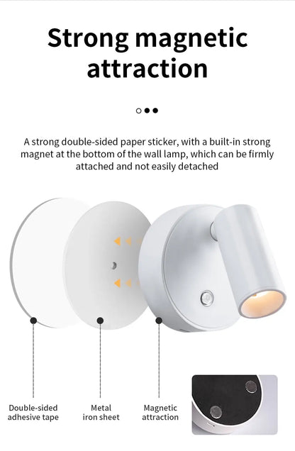 Magnetic Base USB Rechargeable LED Cordless Wall Light Touch, Switch Black White Gold Silvery Dimmable Bedside Lamp For Reading, LED Light