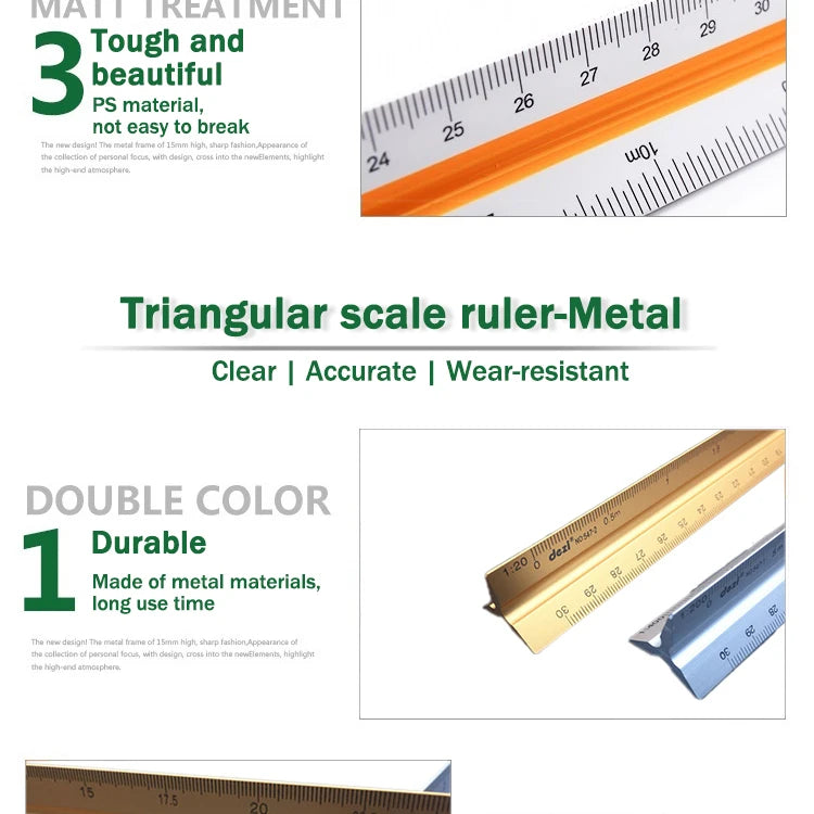 30cm Triangular Scale Ruler 1:20-1:500 Metal Plastic Straight Ruler Metric Architect Engineer Accurate Drafting Measure Tool