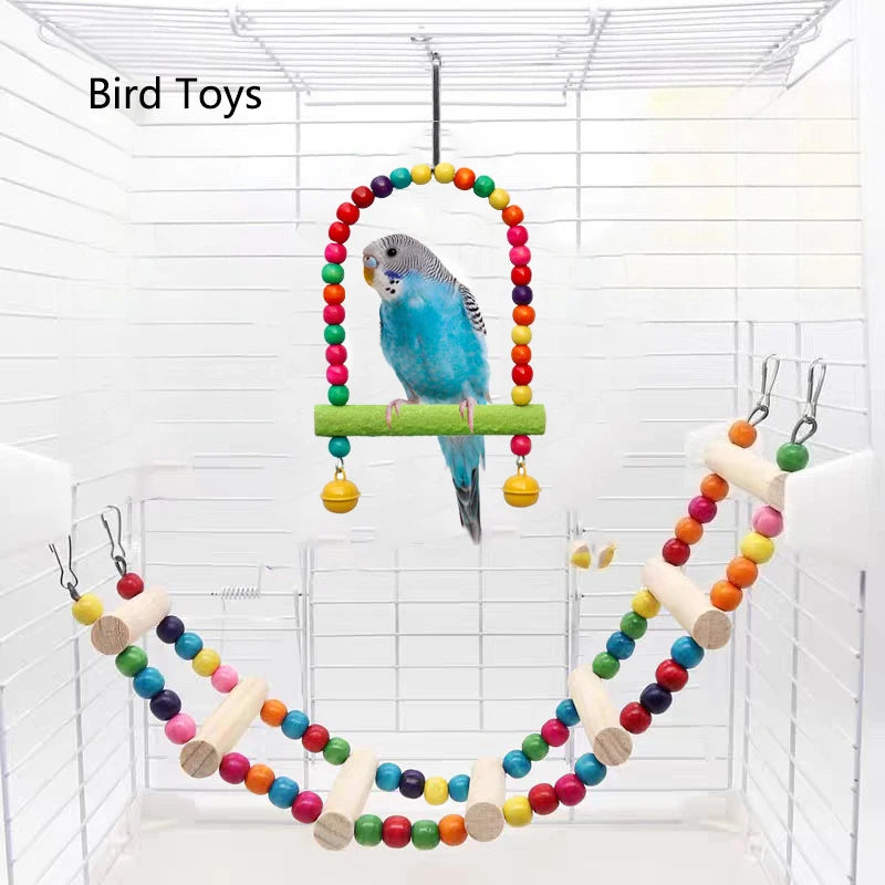 Natural Wood Birds Pets Parrots Ladders Climbing Toy Hanging Colorful Balls Parrot Swing Toys for Conures Parakeets Cockatiels