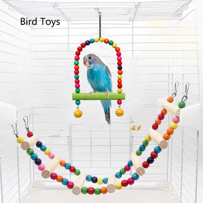 Natural Wood Birds Pets Parrots Ladders Climbing Toy Hanging Colorful Balls Parrot Swing Toys for Conures Parakeets Cockatiels