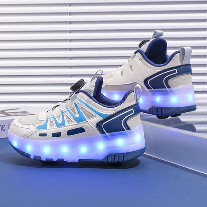 Children Four Wheels Luminous Glowing Sneakers Black Pink Led Light Roller Skate Shoes Kids Led Shoes Boys Girls USB Charging