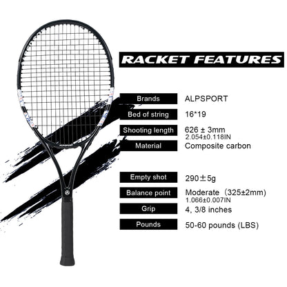 Carbon Fiber Tennis Racket, T800 18K-Professional Grade with Bag&Strap Lightweight Training Racquet for Adults Men&Women, ALPSPORT