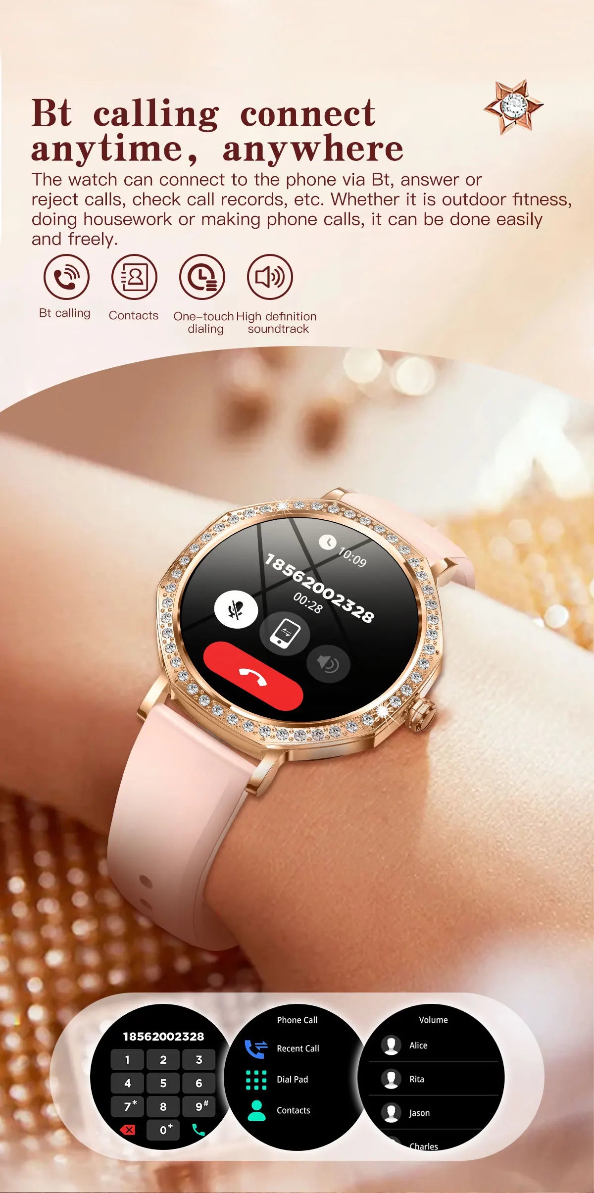 Luxury Women's Smartwatches Diamond Dial Fashion Smart Watch Heart Rate Monitor Sleep Tracking IP67 Waterproof For Android & IOS