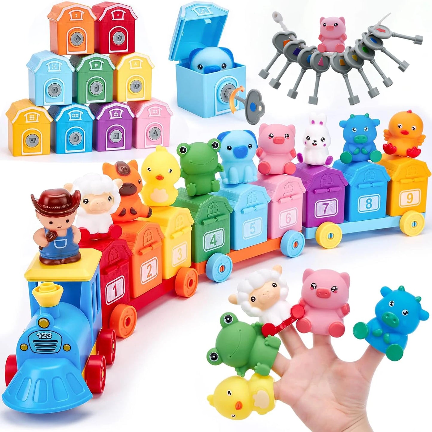 Montessori Train/Surprise Party Gift Set: Toddler Learning Toys, Counting & Sorting Toys, Fine Motor Finger Puppet Games for Kids