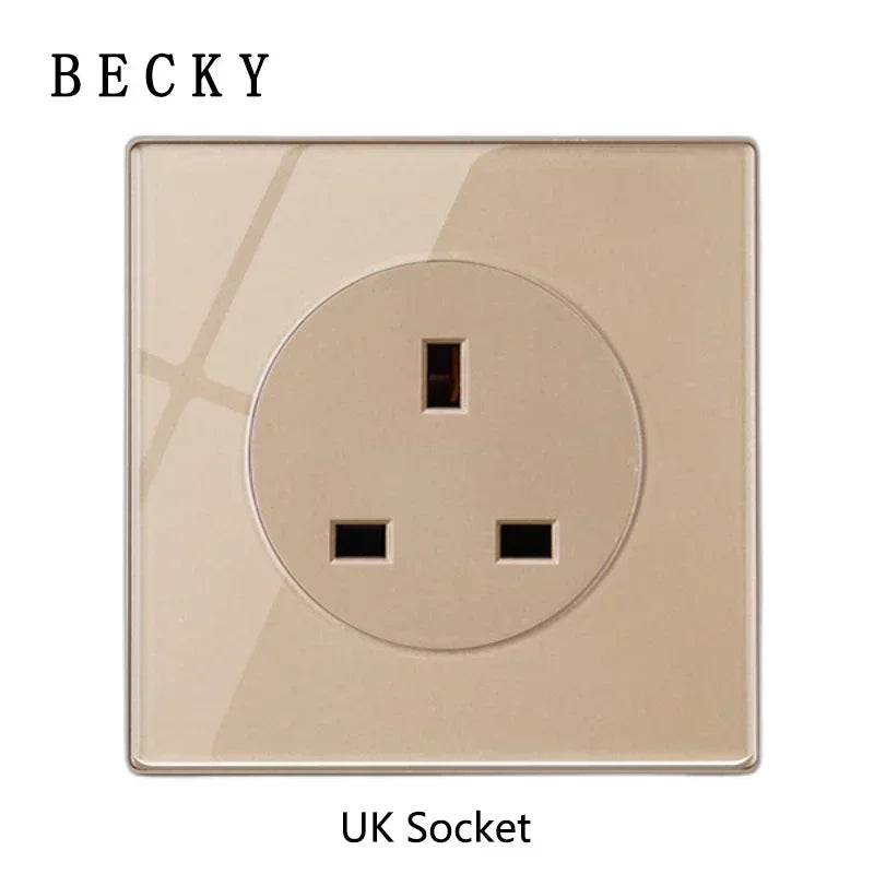 Gold Tempered Glass Wall Switch Panel LED European 16A Socket Retro Toggle Light Switch EU UK Standard 2USB Socket 1Gang-4Gang