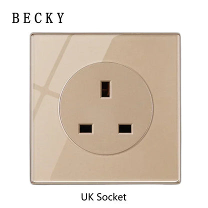 Gold Tempered Glass Wall Switch Panel LED European 16A Socket Retro Toggle Light Switch EU UK Standard 2USB Socket 1Gang-4Gang