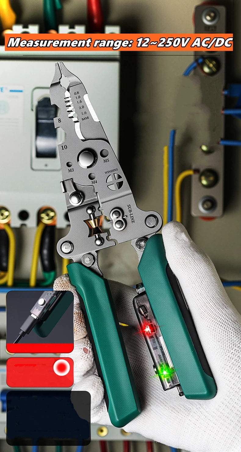 Multifunctional Wire Stripper with Electrical Test Pen, Foldable Cable Cutter, Crimper Tool, Electrical Folding Pliers for Cutting