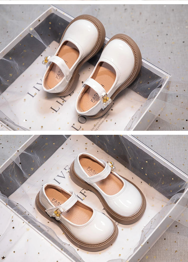 Girls' Chic Leather Princess Mary Janes with Pearl Pendant for Wedding Party, Back to School, Dress Flats (Sizes 26-36)