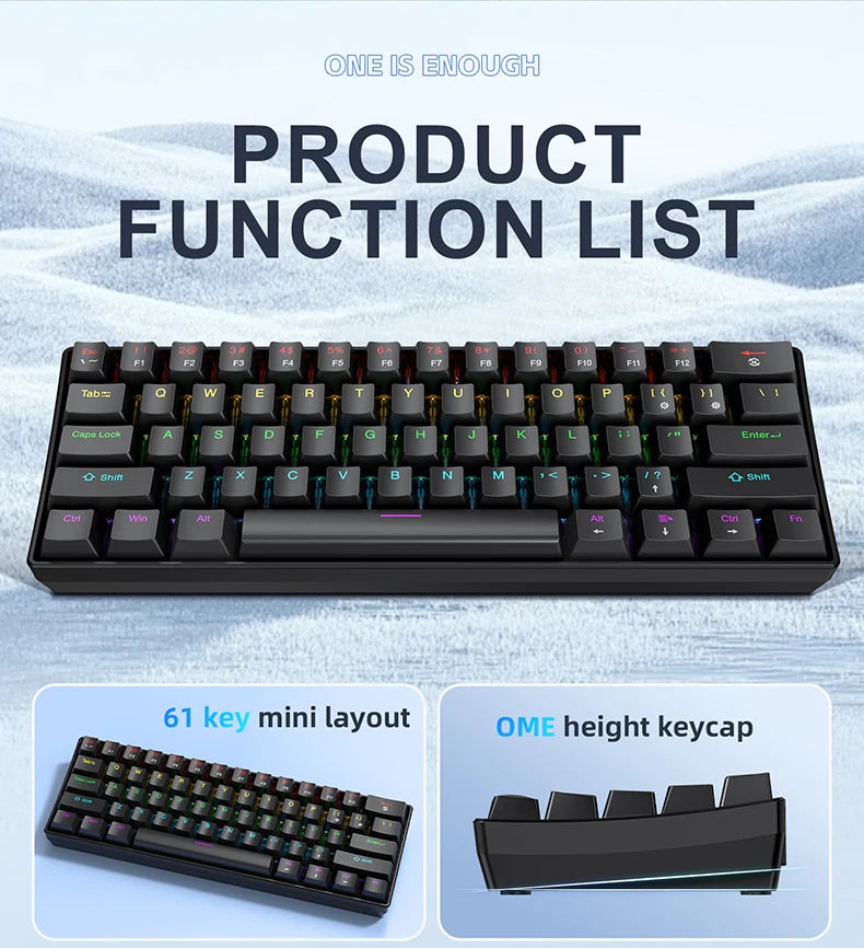 APAYADO K61 60% Mini Wired Gaming Mechanical Keyboard Phantom RGB, 61 Keys, Red/Blue Switch, Ergonomic, Portable for PC/Laptop