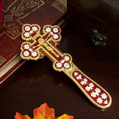 Orthodox Blessing Handheld Church Cross Gold Plated Colorful Enamel Jesus icon, Cross INRI Crucifix Single Face Jesus, HTISOK