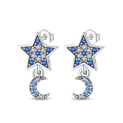 925 Sterling Silver Moon Universe Starry Sky Series Charm Earrings Women Blue Shiny Zircon Daily Wear Jewelry