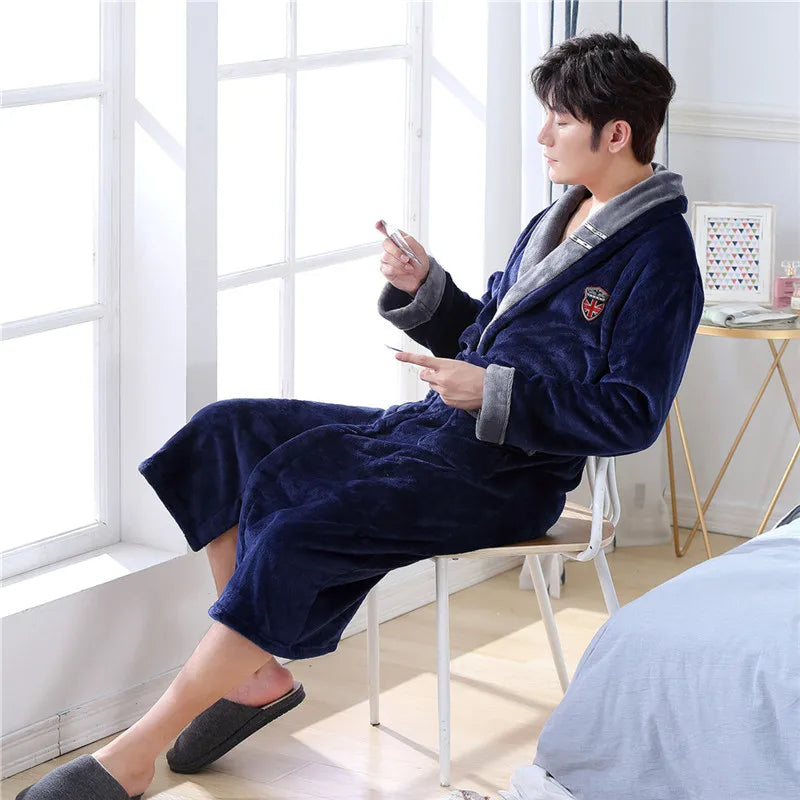 Plus Size Thick Flannel Men Robe Kimono Bathrobe Gown Coral Fleece Sleepwear Home Clothes Autumn Winter Nightwear Lounge Wear