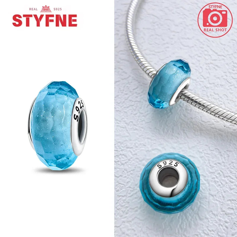 925 Sterling Silver Blue Series Crystal Enamel Murano Charm Bead Fits Original Bracelet for Women DIY Fine Jewelry Gifts