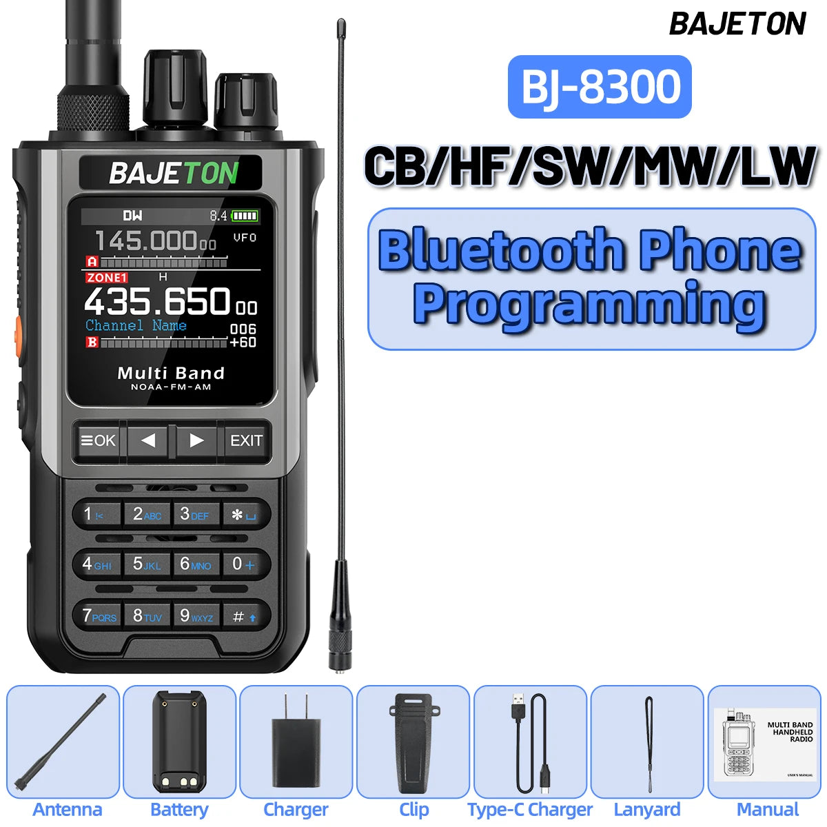 BAJETON BJ-8300 Walkie Talkie 10W Tri Power SW MW LW AM SSB CB Receive Wireless Bluetooth Phone Programming NOAA Two Way Radio