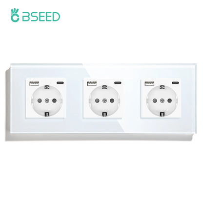 BSEED EU Standard Wall Electrical Sockets Type-C Outlets Wall Power Socket USB Charge Port Glass Panel Kids Protection 16A