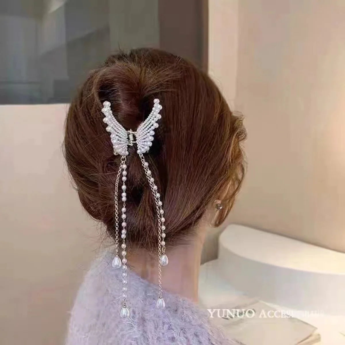 Glitter Shark Grip Clips Korean Style Sweet Romantic Hair Claws Butterfly Shape Girls Pearl Tassel Metal Jewelry Hair Accessory