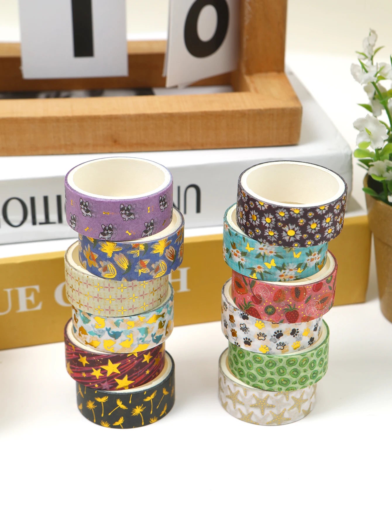 Creative Floral Hot Foil Washi Tape Set, 12 Rolls Decorative Masking Tape for Scrapbooking, Journaling, DIY Gift Supplies