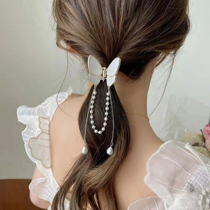 Glitter Shark Grip Clips Korean Style Sweet Romantic Hair Claws Butterfly Shape Girls Pearl Tassel Metal Jewelry Hair Accessory