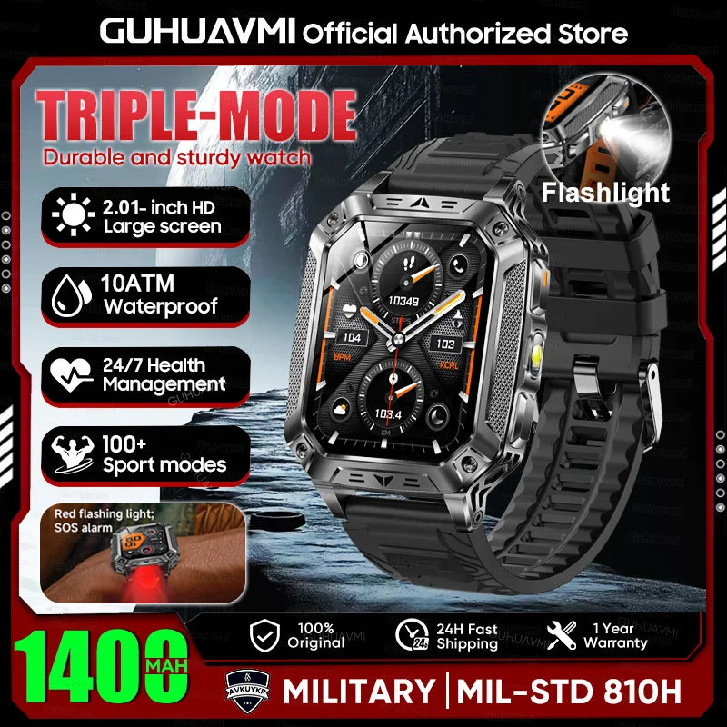 2026 Military outdoor SmartWatch Fitness Clock Men 2.01 inch AMOLED Screen 1400mAh Battery Flashlight Call Waterproof Smart Band