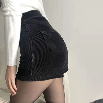 Women's Black Goth Pants Shorts, High Waist Spring Autumn Fashion, Tight Sexy Stretch Y2K Corduroy Female Casual Pants