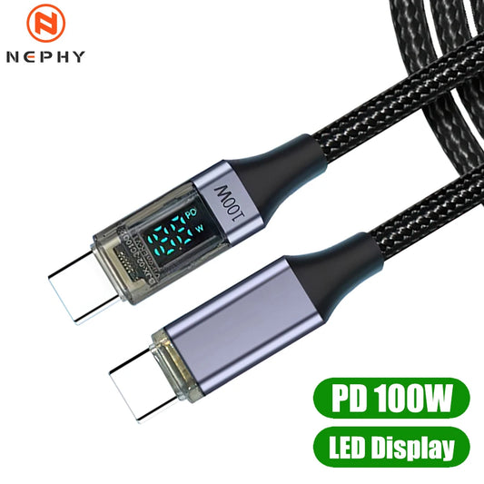 PD 100W USB Type C to C Cable For Mobile Phone Laptop Data Charger Cable 6A Quick Charge LED Display USBC Cord 0.5M/1M/2M Long