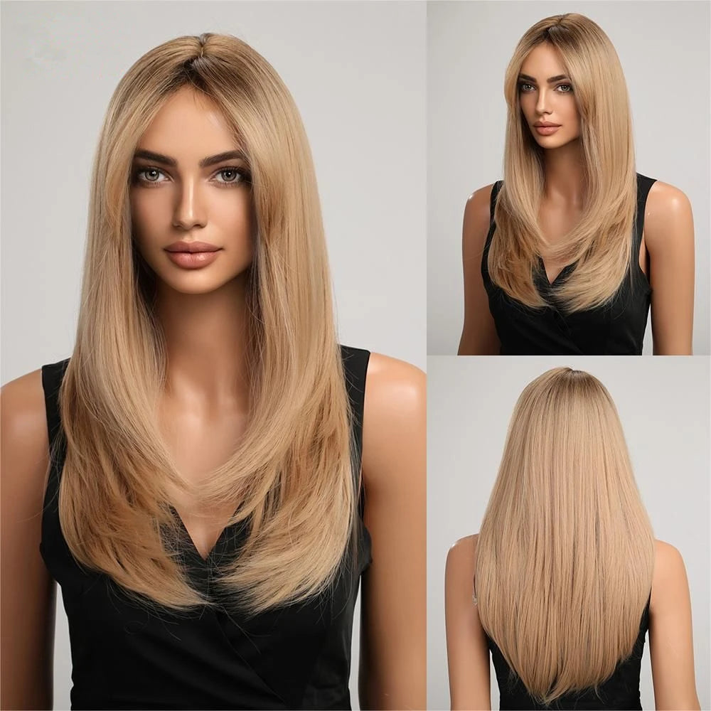 CharmSource Blonde Long Hair Natural Straight Wig, Synthetic Wigs  for Women Daily Party High Density