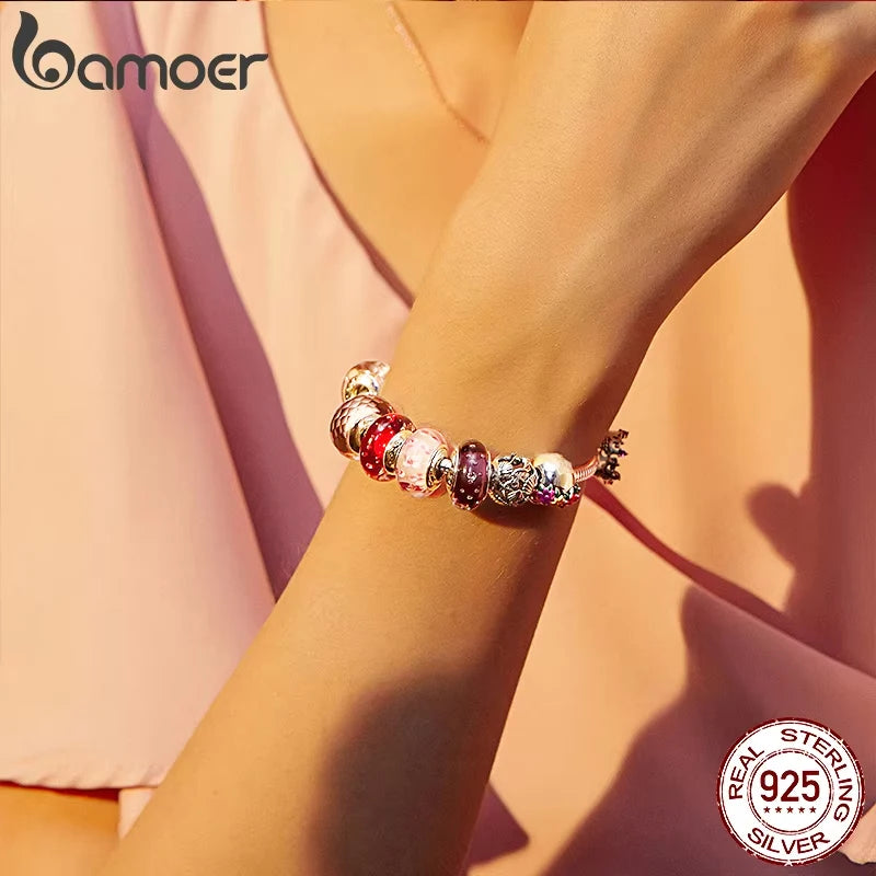 BAMOER 925 Sterling Silver Lovely Pink Flower European Murano Glass Charm Beads for DIY Charm Bracelets Christmas Gifts SCZ001