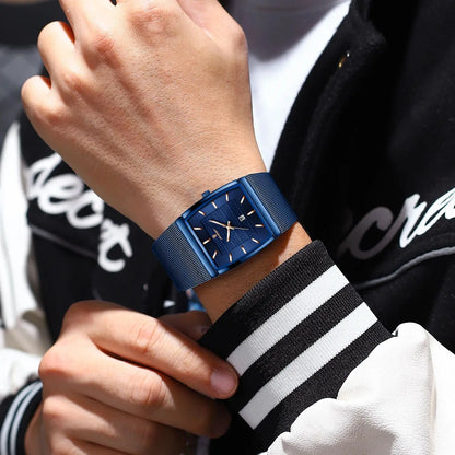 POEDAGAR Fashion Luxury Man Wristwatch Waterproof Luminous Stainless Steel Mesh Men's Watch Date Quartz Business Watches For Men