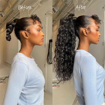 Deep Wave Drawstring Ponytail, Human Hair Ponytails, #1B Natural Black Curly Clip In Hair Extensions For Daily Cosplay, 1 Piece