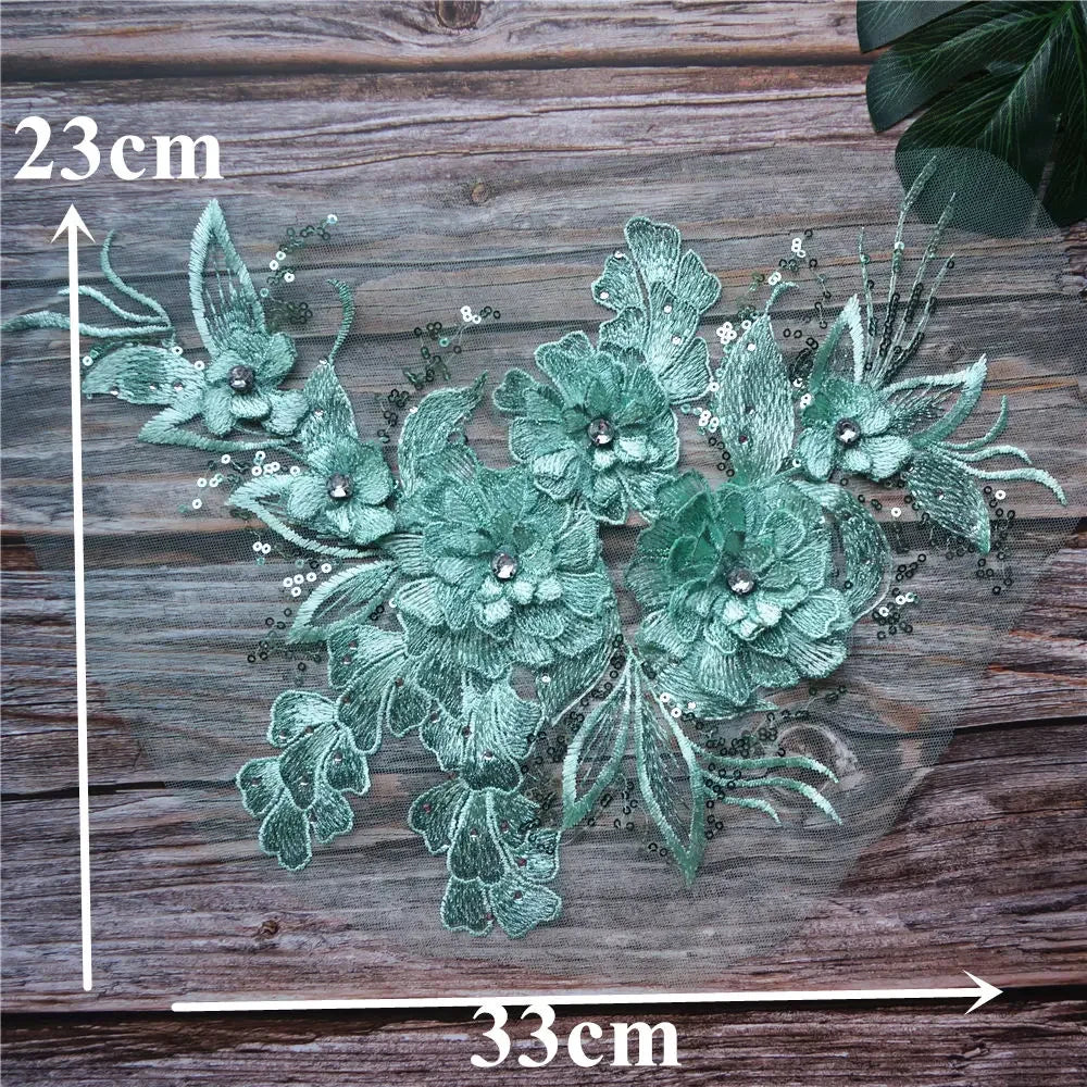 Grey Blue Red 3D Flower Leaf Lace Fabric Sequin Rhinestone Embroidered Gown Appliques Collar Mesh Sew Patch For Wedding Decor