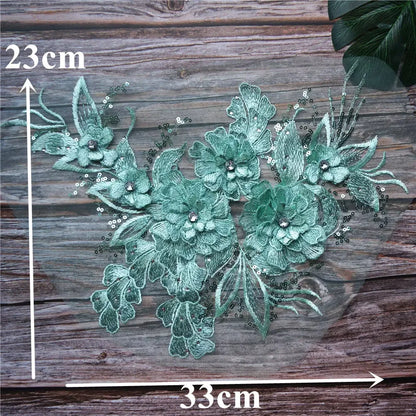 Grey Blue Red 3D Flower Leaf Lace Fabric Sequin Rhinestone Embroidered Gown Appliques Collar Mesh Sew Patch For Wedding Decor