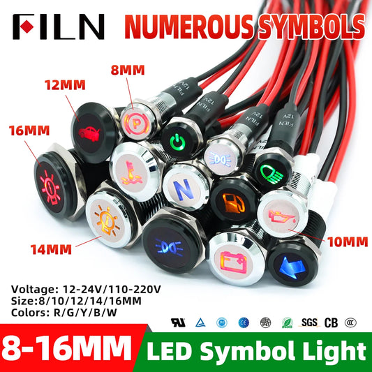 8/10/12/14/16mm Symbol LED Indicator Light 12V 24V Black Metal Indicator Dash Pilot Light with Wire Car Dashboard Truck Machinery