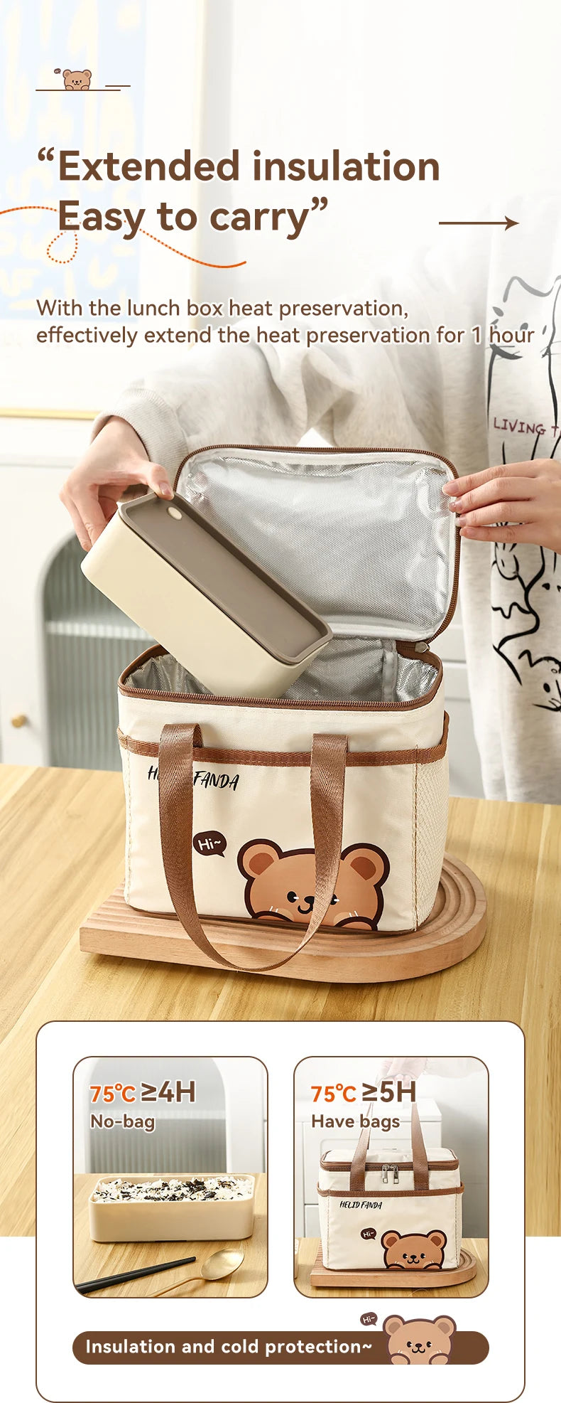 WORTHBUY Cute Thermal Lunch Box Bag, Student Portable Large Capacity Insulated Lunch Bag, Waterproof Reusable Picnic Cooler Bag