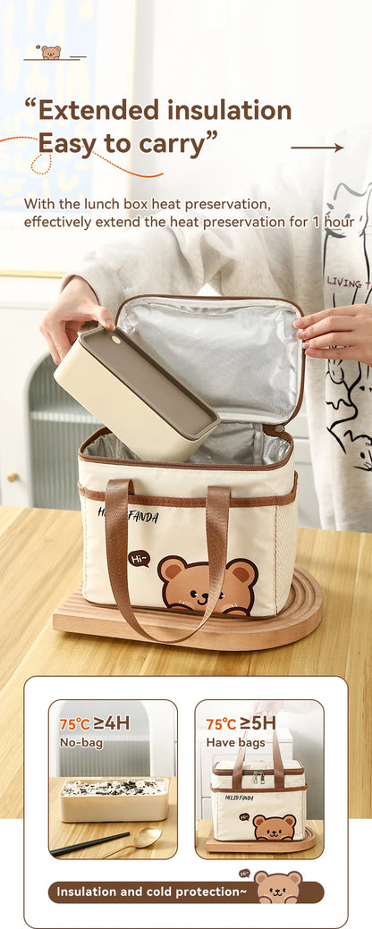 WORTHBUY Cute Thermal Lunch Box Bag, Student Portable Large Capacity Insulated Lunch Bag, Waterproof Reusable Picnic Cooler Bag
