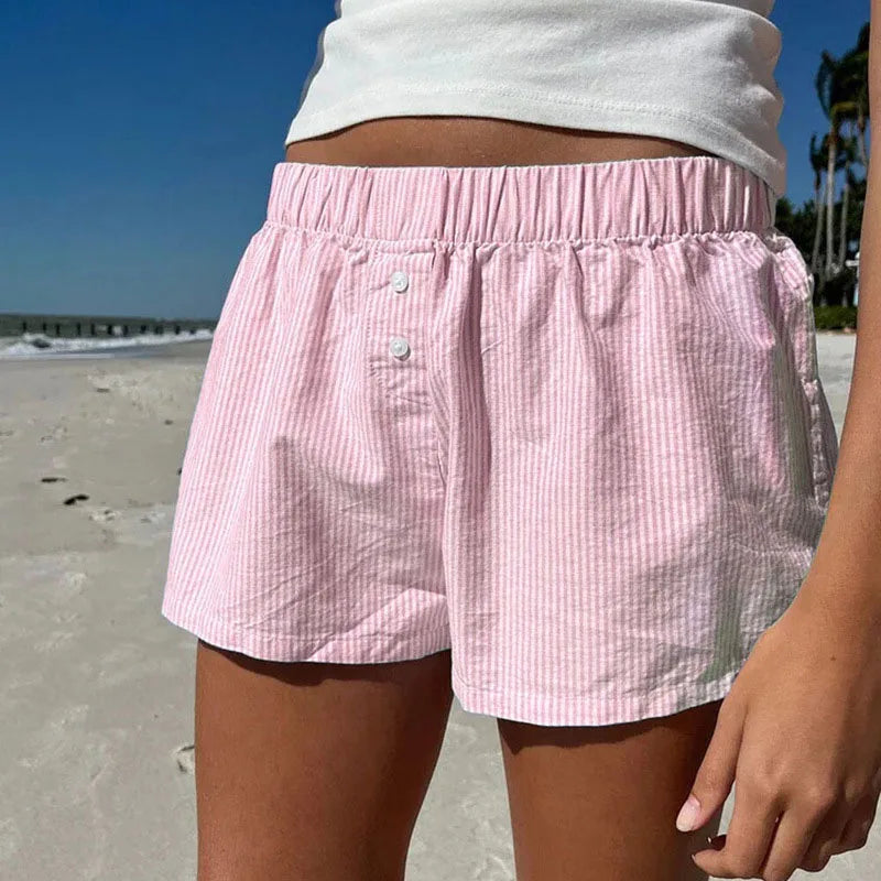 Striped Print Casual Shorts for Women, Elastic Waist Fashion Button Bottoms Streetwear, Chic Basic Y2K Loose Shorts