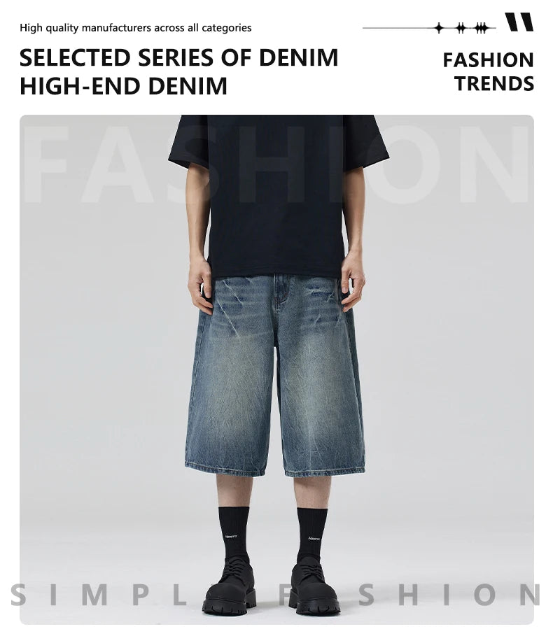 American Lightning Crack Black Grey Jeans, Men's Straight Tube Loose Wide Leg Shorts, Y2k Street Hip Hop Sevens