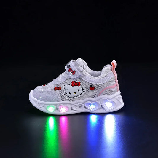 Hello Kitty Kids' Casual Shoes, LED Light Cartoon PU Leather Fashion Sport Flat-Bottom Shoes, Breathable, White/Pink, Sizes 21-30