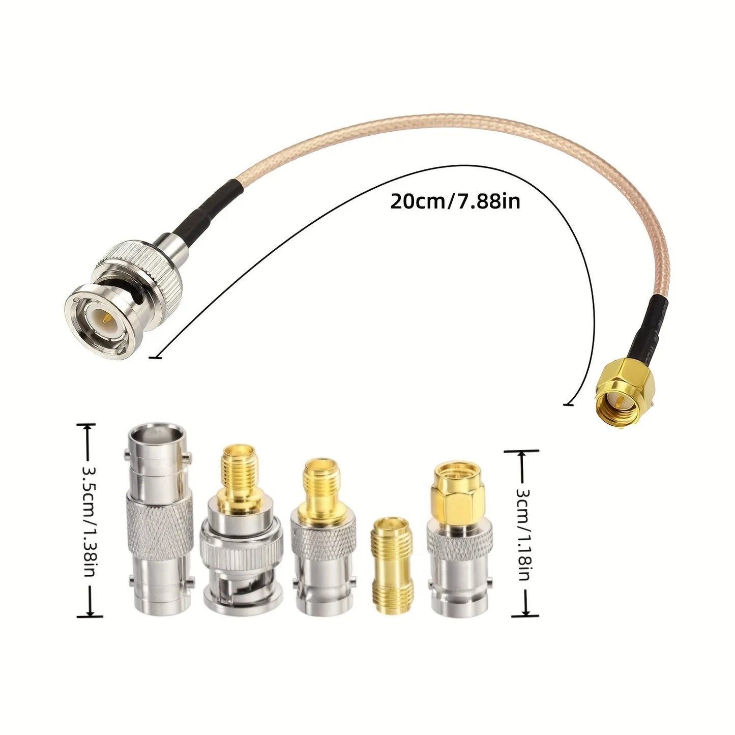 SMA Male to BNC Male Cable, 20cm + 5pcs RF Coax Adapter Kit, SMA to BNC Cable, SMA BNC Adapter Cable Kit for RF Applications/Antenna