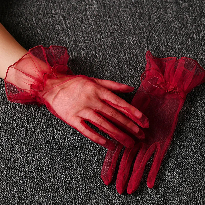 Retro Spring Summer Women Short Tulle Gloves White Black Wedding Gloves Stretchy Lace Full Finger Mittens Mesh Translucent Glove