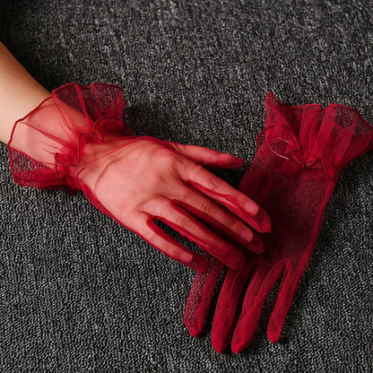 Retro Spring Summer Women Short Tulle Gloves White Black Wedding Gloves Stretchy Lace Full Finger Mittens Mesh Translucent Glove