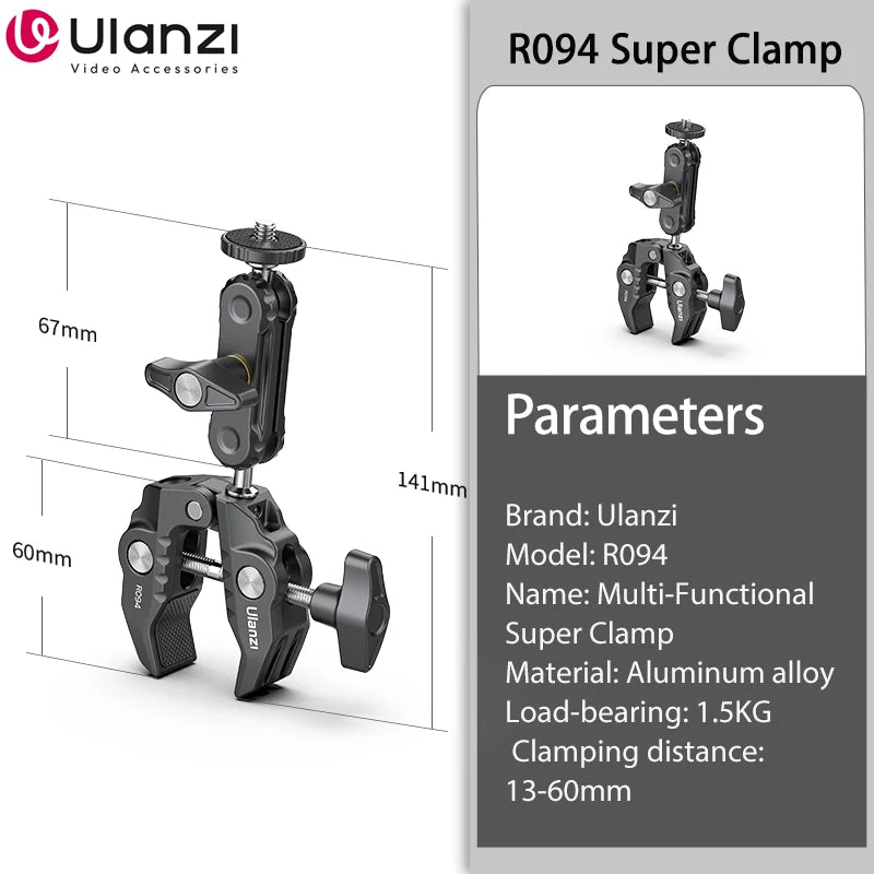 Metal Super Clamp with Double Ball Head, Magic Arm Clamp with 1/4" 3/8" Hole for DSLR Camera Monitor Light Mic Mount, Ulanzi R094